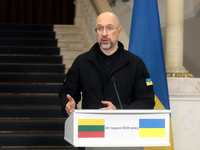 Prime Minister of Ukraine Denys Shmyhal attends a joint news conference with Prime Minister of the Republic of Lithuania Gintautas Paluckas...