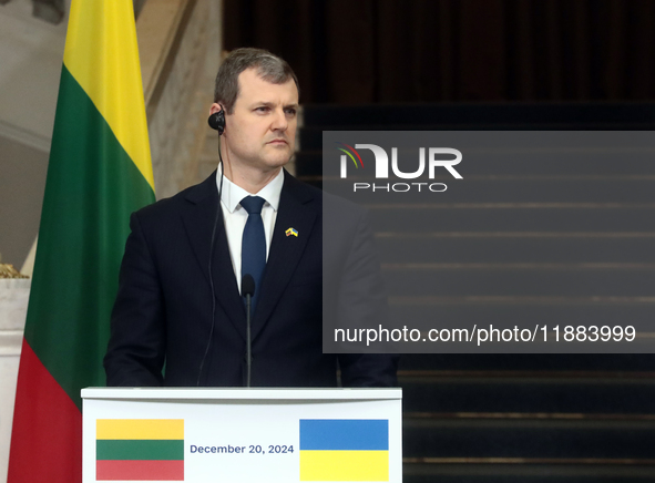 Prime Minister of the Republic of Lithuania Gintautas Paluckas attends a joint news conference with Prime Minister of Ukraine Denys Shmyhal...