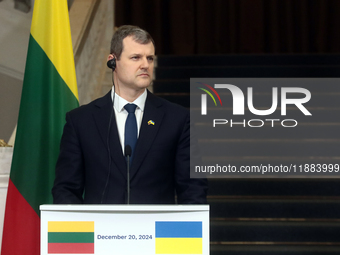 Prime Minister of the Republic of Lithuania Gintautas Paluckas attends a joint news conference with Prime Minister of Ukraine Denys Shmyhal...