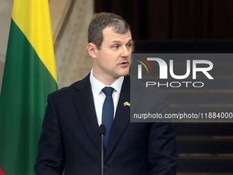 Prime Minister of the Republic of Lithuania Gintautas Paluckas attends a joint news conference with Prime Minister of Ukraine Denys Shmyhal...