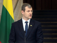 Prime Minister of the Republic of Lithuania Gintautas Paluckas attends a joint news conference with Prime Minister of Ukraine Denys Shmyhal...