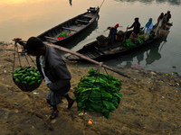 Local vegetable cultivators bring their vegetables to the local wholesale vegetable market after transporting them on a boat in the Tooker B...