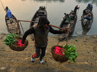 Local vegetable cultivators bring their vegetables to the local wholesale vegetable market after transporting them on a boat in the Tooker B...