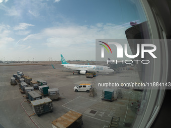 A Boeing 737 of Greater Bay Airlines is at the gate in this fisheye picture in Hong Kong, China, on November 3, 2024. (