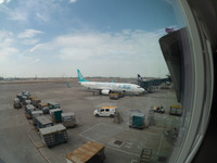 A Boeing 737 of Greater Bay Airlines is at the gate in this fisheye picture in Hong Kong, China, on November 3, 2024. (