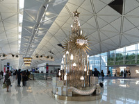 A Dior Christmas tree is seen in the Hong Kong International Airport in Hong Kong, China, on December 1, 2024. (