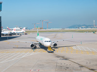 An Airbus A321 of Eva Airways pushes back from the gate at the Hong Kong International Airport in Hong Kong, China, on December 1, 2024. (