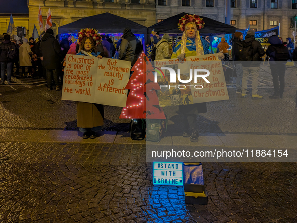 A demonstration takes place at Odeonsplatz in Munich, Germany, on December 20, 2024, in support of the people in Ukraine. The participants d...