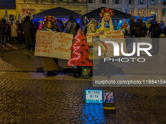 A demonstration takes place at Odeonsplatz in Munich, Germany, on December 20, 2024, in support of the people in Ukraine. The participants d...