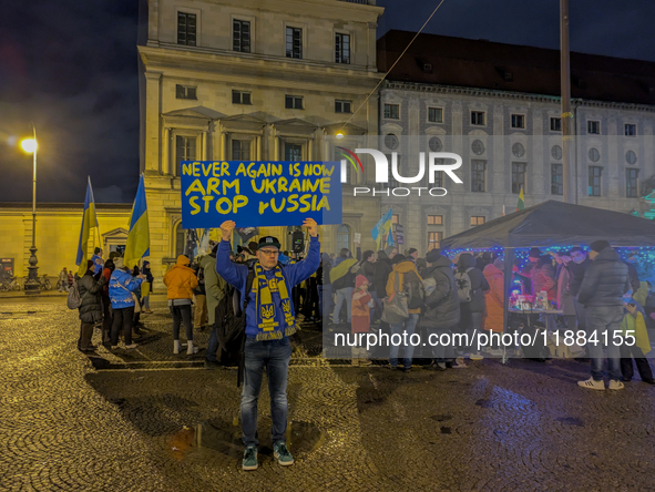 A demonstration takes place at Odeonsplatz in Munich, Germany, on December 20, 2024, in support of the people in Ukraine. The participants d...