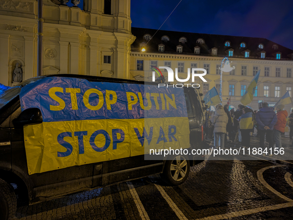 A demonstration takes place at Odeonsplatz in Munich, Germany, on December 20, 2024, in support of the people in Ukraine. The participants d...