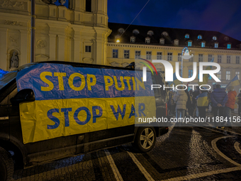 A demonstration takes place at Odeonsplatz in Munich, Germany, on December 20, 2024, in support of the people in Ukraine. The participants d...