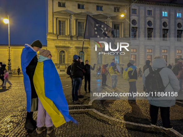 A demonstration takes place at Odeonsplatz in Munich, Germany, on December 20, 2024, in support of the people in Ukraine. The participants d...