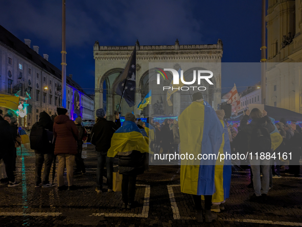 A demonstration takes place at Odeonsplatz in Munich, Germany, on December 20, 2024, in support of the people in Ukraine. The participants d...