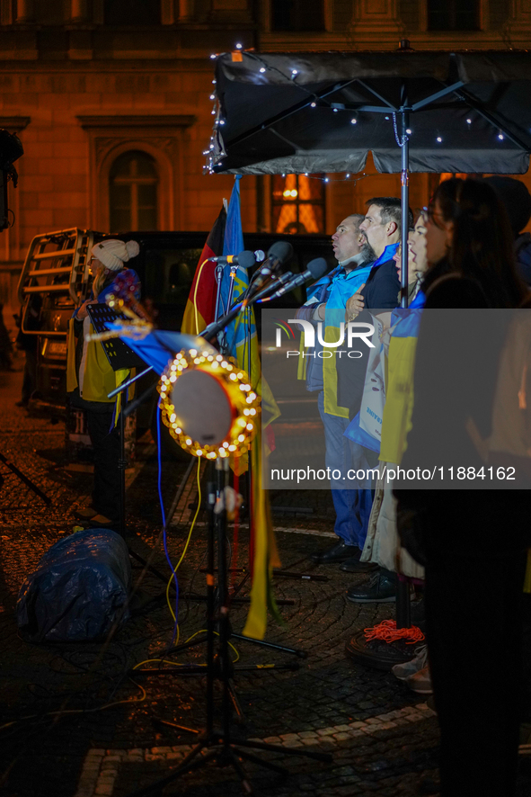 A demonstration takes place at Odeonsplatz in Munich, Germany, on December 20, 2024, in support of the people in Ukraine. The participants d...