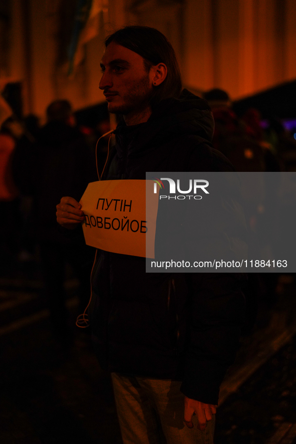 A demonstration takes place at Odeonsplatz in Munich, Germany, on December 20, 2024, in support of the people in Ukraine. The participants d...