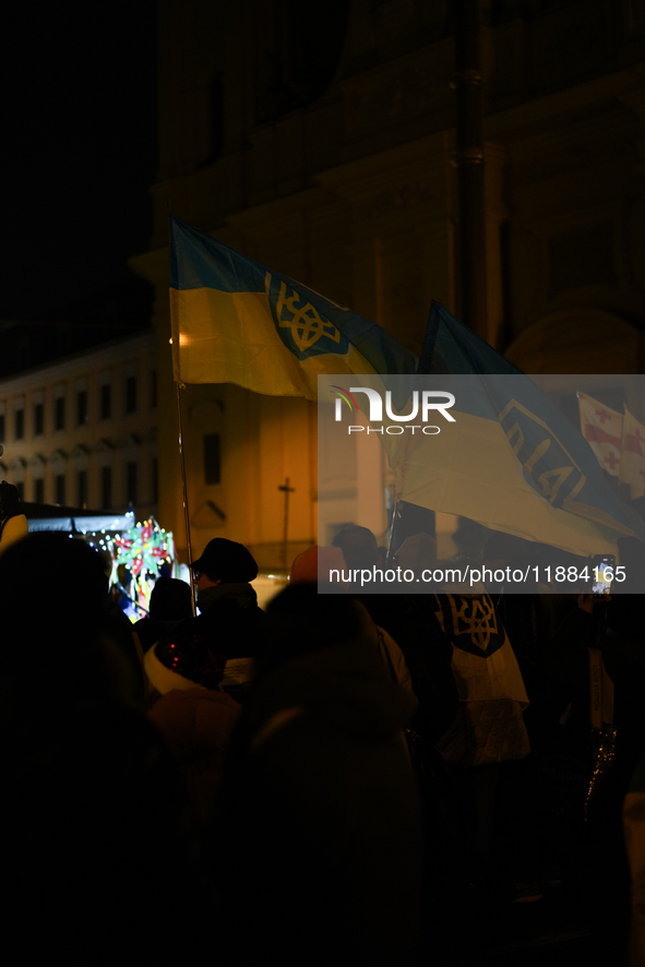 A demonstration takes place at Odeonsplatz in Munich, Germany, on December 20, 2024, in support of the people in Ukraine. The participants d...