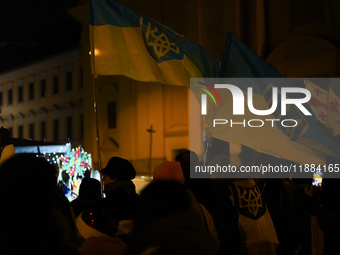 A demonstration takes place at Odeonsplatz in Munich, Germany, on December 20, 2024, in support of the people in Ukraine. The participants d...