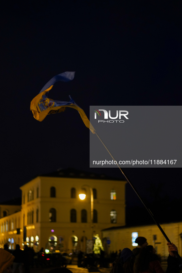 A demonstration takes place at Odeonsplatz in Munich, Germany, on December 20, 2024, in support of the people in Ukraine. The participants d...