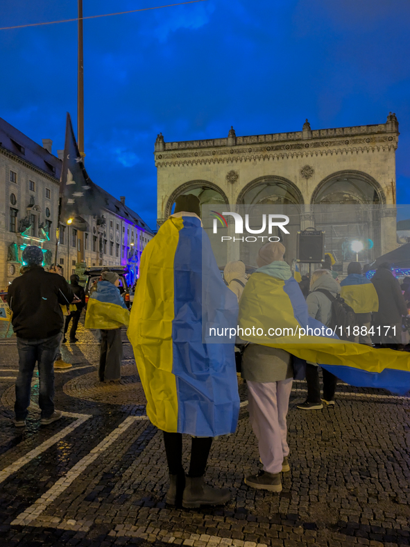 A demonstration takes place at Odeonsplatz in Munich, Germany, on December 20, 2024, in support of the people in Ukraine. The participants d...