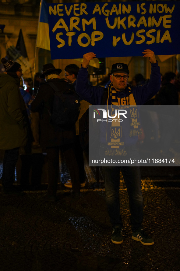 A demonstration takes place at Odeonsplatz in Munich, Germany, on December 20, 2024, in support of the people in Ukraine. The participants d...