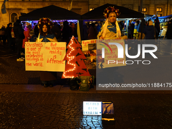 A demonstration takes place at Odeonsplatz in Munich, Germany, on December 20, 2024, in support of the people in Ukraine. The participants d...