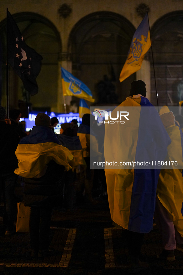 A demonstration takes place at Odeonsplatz in Munich, Germany, on December 20, 2024, in support of the people in Ukraine. The participants d...