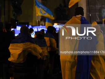 A demonstration takes place at Odeonsplatz in Munich, Germany, on December 20, 2024, in support of the people in Ukraine. The participants d...