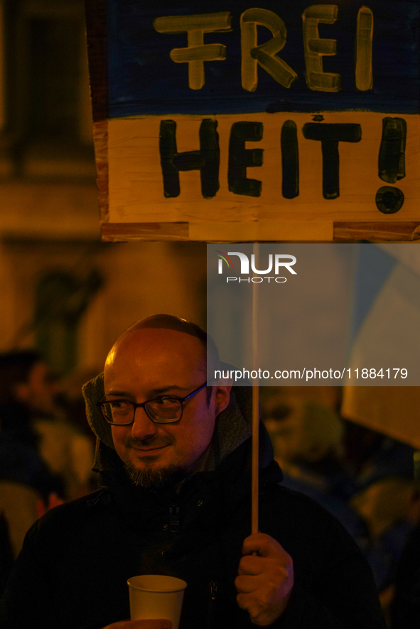 A demonstration takes place at Odeonsplatz in Munich, Germany, on December 20, 2024, in support of the people in Ukraine. The participants d...