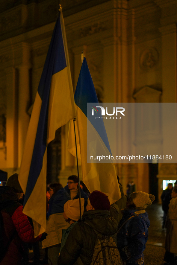 A demonstration takes place at Odeonsplatz in Munich, Germany, on December 20, 2024, in support of the people in Ukraine. The participants d...