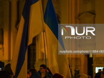 A demonstration takes place at Odeonsplatz in Munich, Germany, on December 20, 2024, in support of the people in Ukraine. The participants d...