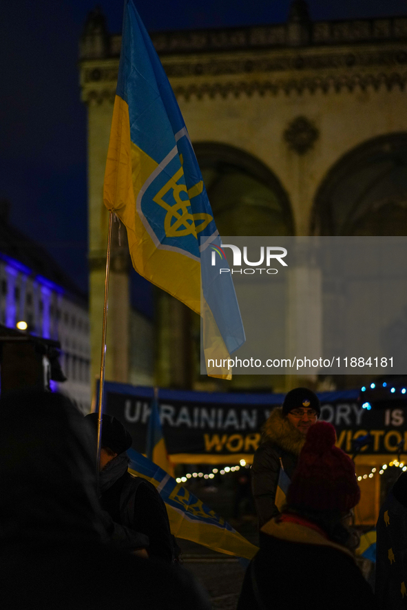 A demonstration takes place at Odeonsplatz in Munich, Germany, on December 20, 2024, in support of the people in Ukraine. The participants d...