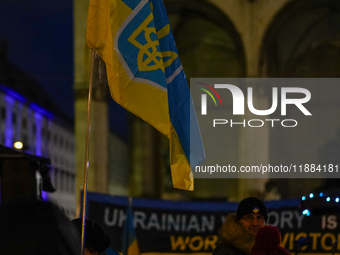 A demonstration takes place at Odeonsplatz in Munich, Germany, on December 20, 2024, in support of the people in Ukraine. The participants d...