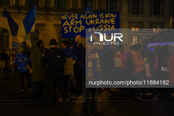 A demonstration takes place at Odeonsplatz in Munich, Germany, on December 20, 2024, in support of the people in Ukraine. The participants d...