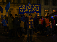 A demonstration takes place at Odeonsplatz in Munich, Germany, on December 20, 2024, in support of the people in Ukraine. The participants d...