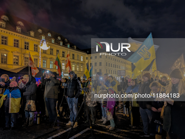 A demonstration takes place at Odeonsplatz in Munich, Germany, on December 20, 2024, in support of the people in Ukraine. The participants d...