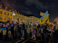 A demonstration takes place at Odeonsplatz in Munich, Germany, on December 20, 2024, in support of the people in Ukraine. The participants d...