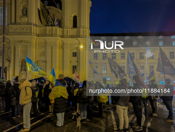 A demonstration takes place at Odeonsplatz in Munich, Germany, on December 20, 2024, in support of the people in Ukraine. The participants d...