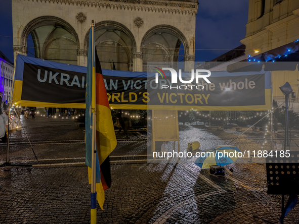 A demonstration takes place at Odeonsplatz in Munich, Germany, on December 20, 2024, in support of the people in Ukraine. The participants d...