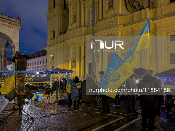 A demonstration takes place at Odeonsplatz in Munich, Germany, on December 20, 2024, in support of the people in Ukraine. The participants d...