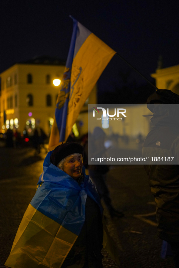 A demonstration takes place at Odeonsplatz in Munich, Germany, on December 20, 2024, in support of the people in Ukraine. The participants d...