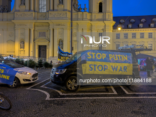 A demonstration takes place at Odeonsplatz in Munich, Germany, on December 20, 2024, in support of the people in Ukraine. The participants d...