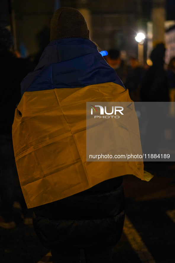 A demonstration takes place at Odeonsplatz in Munich, Germany, on December 20, 2024, in support of the people in Ukraine. The participants d...