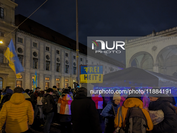 A demonstration takes place at Odeonsplatz in Munich, Germany, on December 20, 2024, in support of the people in Ukraine. The participants d...