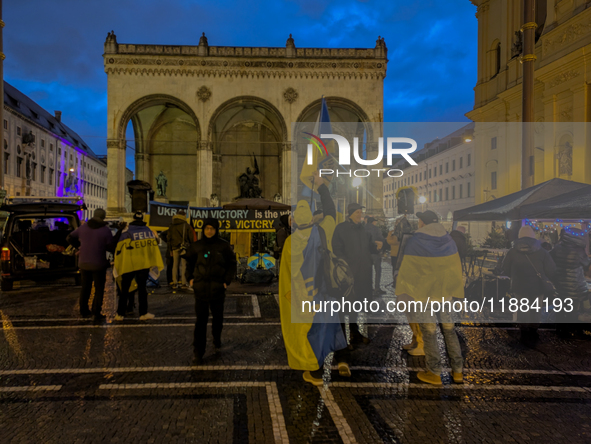 A demonstration takes place at Odeonsplatz in Munich, Germany, on December 20, 2024, in support of the people in Ukraine. The participants d...