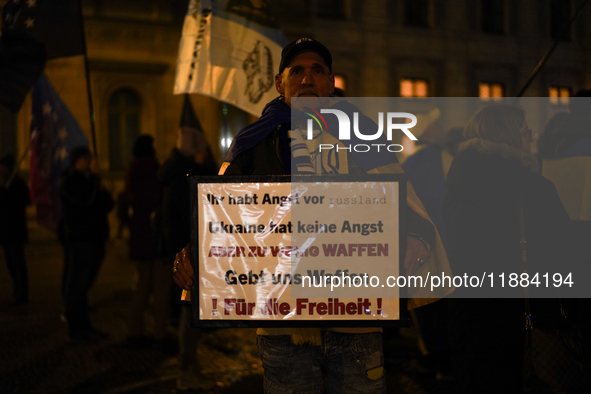 A demonstration takes place at Odeonsplatz in Munich, Germany, on December 20, 2024, in support of the people in Ukraine. The participants d...