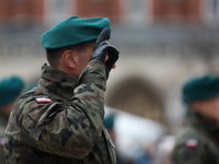 Polish Army soldiers are seen on the Main Square in Krakow, Poland, on November 24, 2024. (