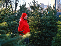 A man stands among the Christmas trees sold on a local street in Odesa, Ukraine, on December 19, 2024. NO USE RUSSIA. NO USE BELARUS. (