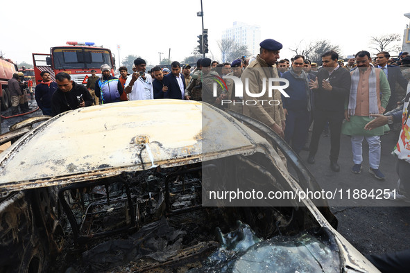 Rajasthan Chief Minister Bhajan Lal Sharma visits the site of the accident after a tanker loaded with LPG collides with some other vehicles...