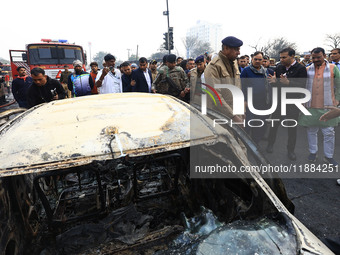 Rajasthan Chief Minister Bhajan Lal Sharma visits the site of the accident after a tanker loaded with LPG collides with some other vehicles...